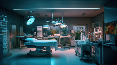 A hospital room with medical equipment and lights. Generative AI image.の素材