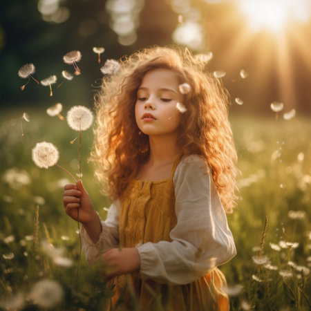 A little girl blowing a dandelion in a field. Generative AI image.の素材