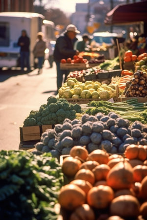 A bunch of fruits and vegetables on a table. Generative AI image.の素材