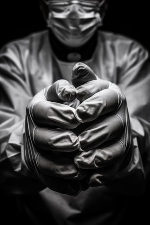 A black and white photo of a person wearing a mask and gloves. Generative AI image.の素材