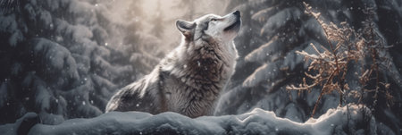 A wolf standing in the snow with its mouth open. Generative AI image.の素材