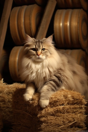 A fluffy cat sitting on top of a pile of hay. Generative AI image.の素材
