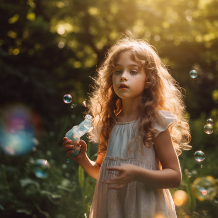 A little girl blowing bubbles in a field. Generative AI image.の素材