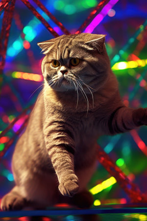 A cat standing on its hind legs on a table. Generative AI image.の素材