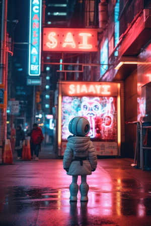 A small robot standing in the middle of a city street. Generative AI image.の素材