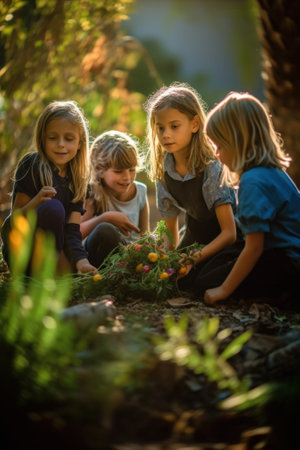 A group of young girls sitting on the ground. Generative AI image.の素材