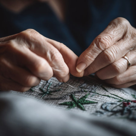 A woman is working on a piece of embroidery. Generative AI image.の素材