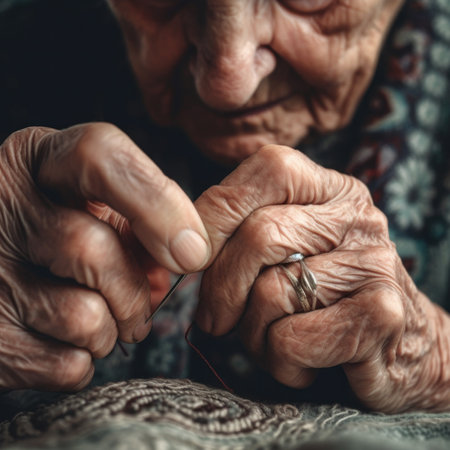 An old woman is knitting a piece of cloth. Generative AI image.の素材