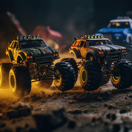 A couple of toy trucks that are in the dirt. Generative AI image.の素材