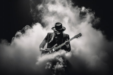 A man playing a guitar in a cloud of smoke. Generative AI image.の素材