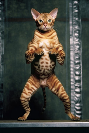 A cat is standing on its hind legs. Generative AI image.の素材