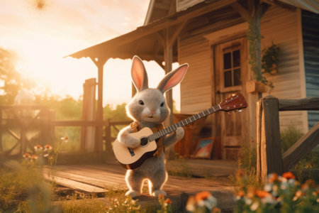 A rabbit playing a guitar in front of a house. Generative AI image.の素材