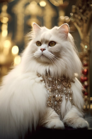 A white cat with a gold collar sitting on a table. Generative AI image.の素材