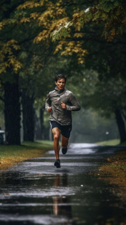 A man running in the rain in a park. Generative AI image.の素材