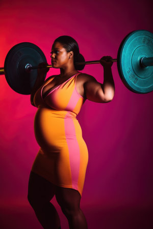 A pregnant woman holding a barbell over her head. Generative AI image.の素材