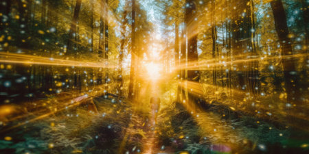 The sun is shining through the trees in the woods. Generative AI image.の素材