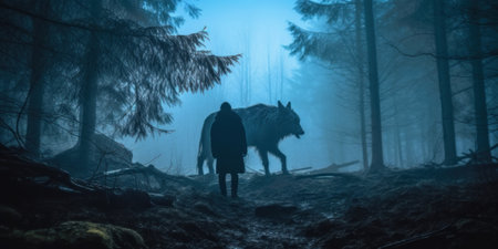 A norse scandinavian god Vidar standing in the woods with a horse. Generative AI image.の素材