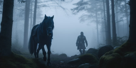 A norse scandinavian god Vidar walking a wolf-horse through a forest. Generative AI image.の素材