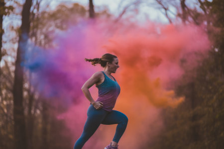 A woman in a blue tank top and blue leggings running. Generative AI image.の素材
