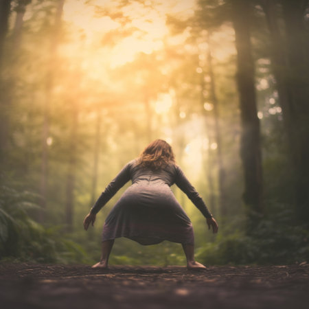 A woman standing in weirt pose in the middle of a forest. Generative AI image.の素材