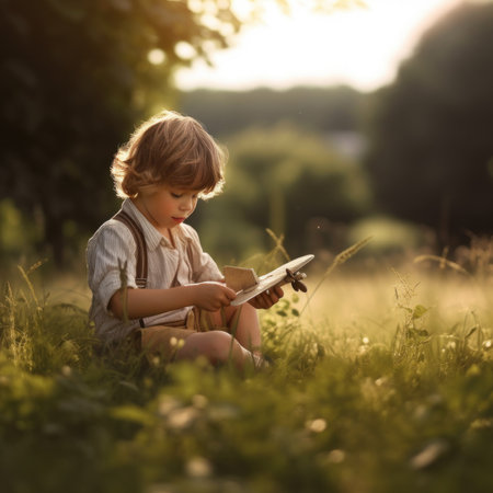 A little boy sitting in the grass reading a book. Generative AI image.の素材