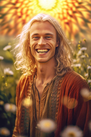 A Baldur, norse scandinavian pagan god, with long hair and a beard, smiling. Generative AI image.の素材