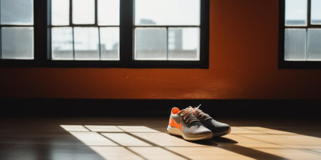 A pair of shoes sitting on a hard wood floor. Generative AI image.の素材