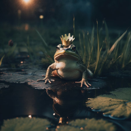 A frog with a crown on its head sitting in a pond. Generative AI image.の素材