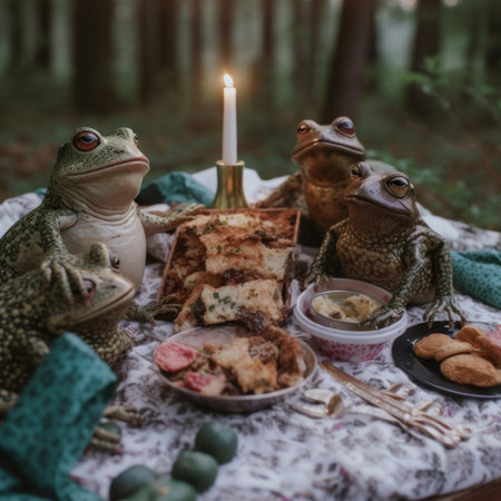 A group of frogs sitting on top of a table. Generative AI image.の素材