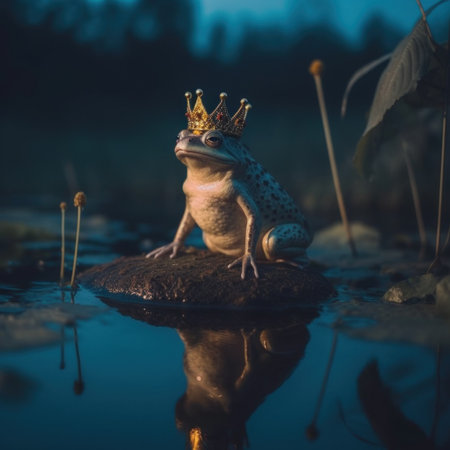 A frog wearing a crown sitting on a rock. Generative AI image.の素材