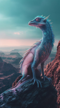 A blue dragon sitting on top of a rock. Generative AI image.の素材