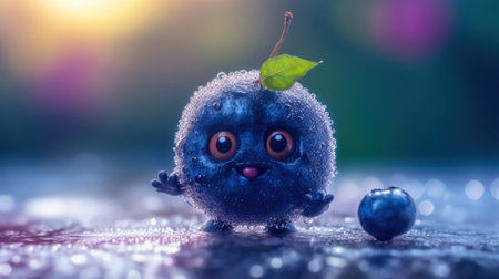 A close up of a blueberry with a leaf on top of it. Generative AI image.の素材