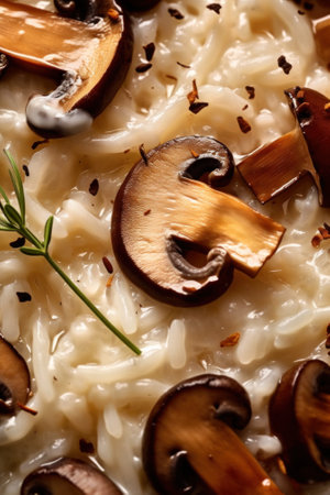 A close up of a mushroom and rice dish. Generative AI image.の素材