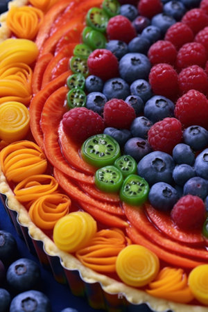 A close up of a pie with fruit on it. Generative AI image.の素材