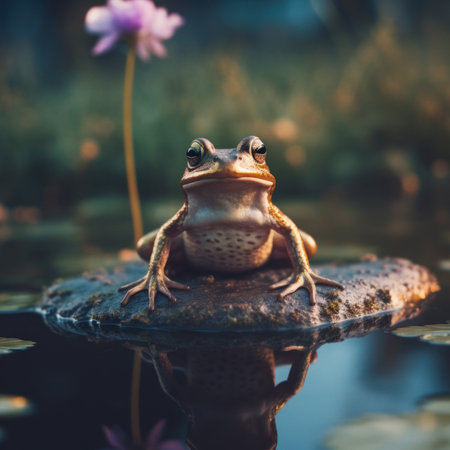 A frog sitting on top of a rock in a pond. Generative AI image.の素材