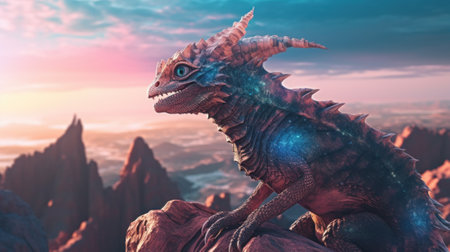 A dragon sitting on top of a rock. Generative AI image.の素材