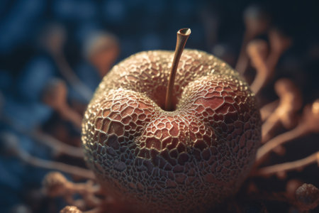 A close up of an apple on a table. Generative AI image.の素材