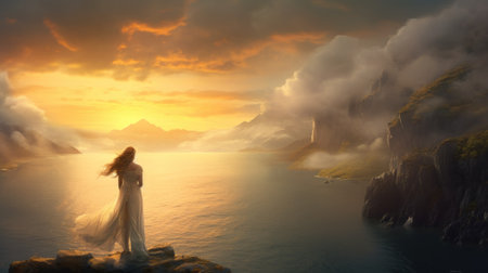 A woman standing on top of a cliff overlooking a body of water. Generative AI image.の素材