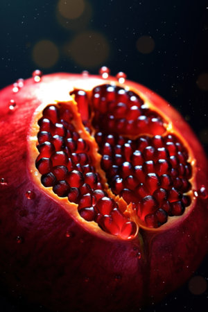 A pomegranate cut in half on a table. Generative AI image.の素材