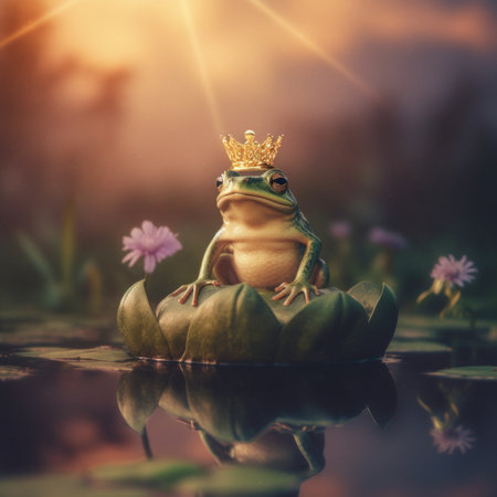 A frog with a crown sitting on a leaf. Generative AI image.の素材
