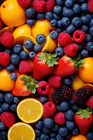 A close up of a pile of fruit with oranges, raspberries, and blueberries. Generative AI image.の素材