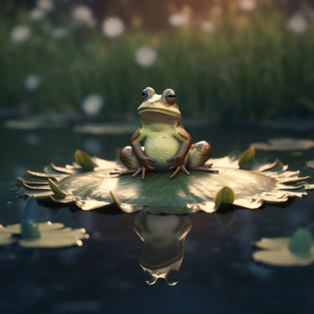 A frog sitting on top of a leaf in a pond. Generative AI image.の素材