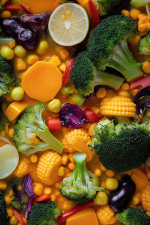 A mixture of vegetables including broccoli, corn, carrots, and peppers. Generative AI image.の素材