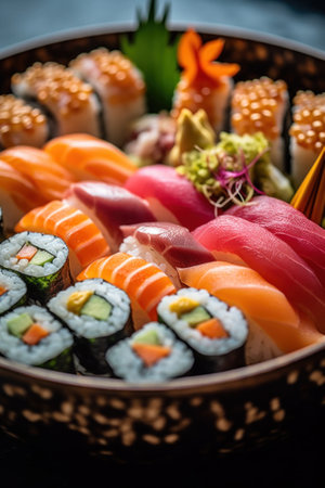 A bowl filled with lots of sushi on top of a table. Generative AI image.の素材