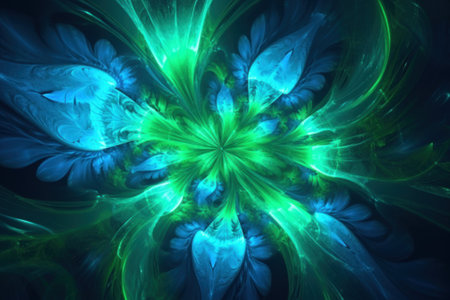 A computer generated image of a blue and green flower. Generative AI image.の素材