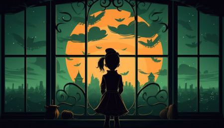 A girl looking out a window at a full moon. Generative AI image.の素材