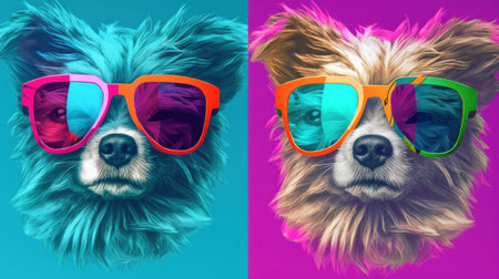Two dogs wearing sunglasses on a blue and pink background. Generative AI image.の素材