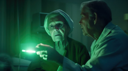 A man and a woman looking at a green light. Generative AI image.の素材
