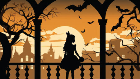 A silhouette of a girl in a dress standing in front of a window. Generative AI image.の素材