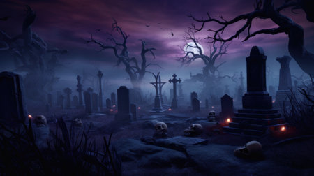 A cemetery at night with a full moon in the sky. Generative AI image.の素材